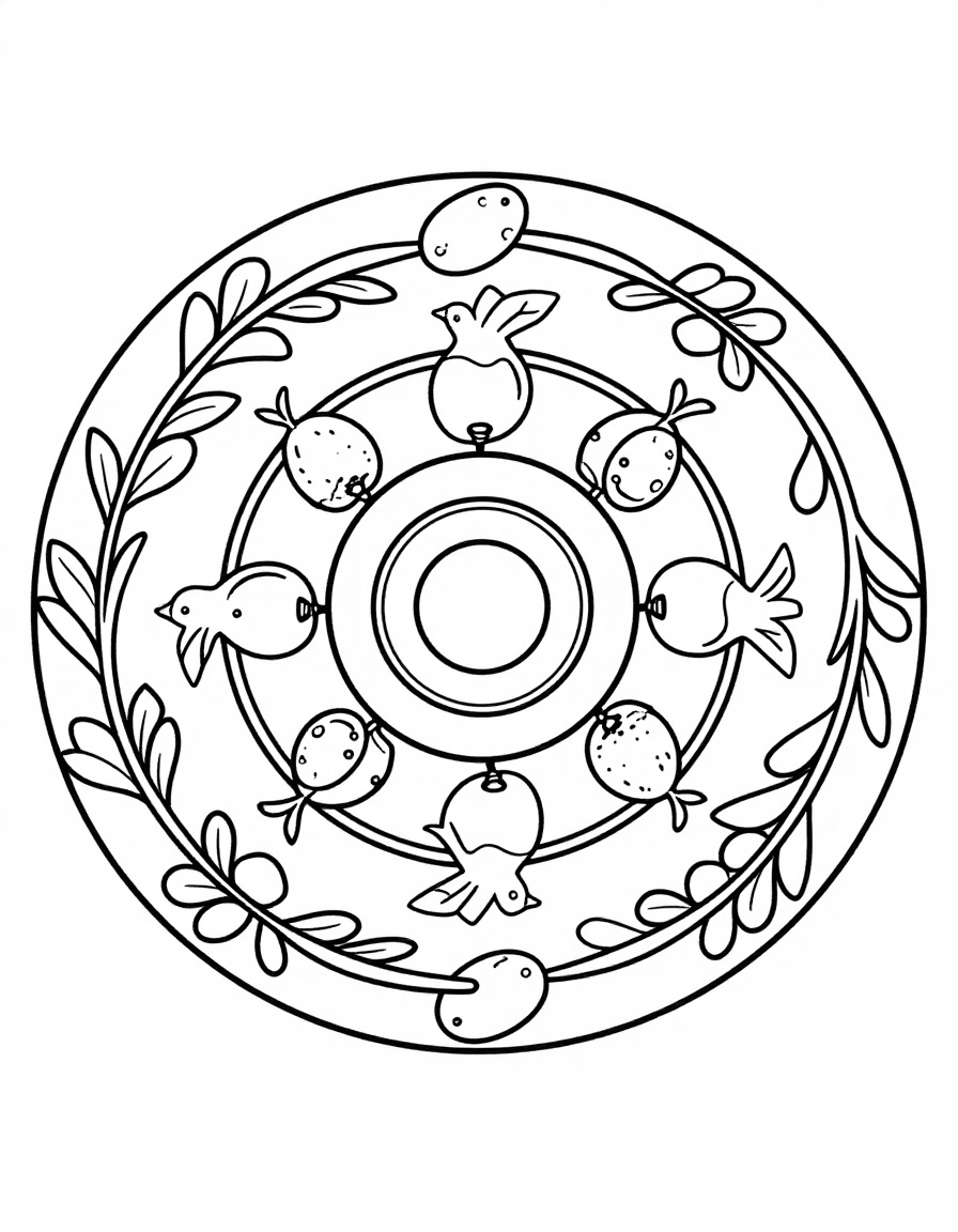 Ζωγραφιά για ζωγράφισμα με κυκλικό μάνταλα από κλαδιά ελιάς, ελιές και μικρά περιστέρια.