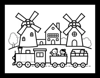 Ζωγραφιά για ζωγράφισμα με ένα φιλικό τρενάκι που μεταφέρει οικογένεια σε γιορτή χωριού, με ανεμόμυλους και εκκλησία στο βάθος.